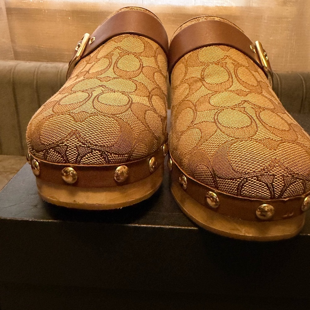 Coach Brown Signature Canvas Clogs with Gold Studs